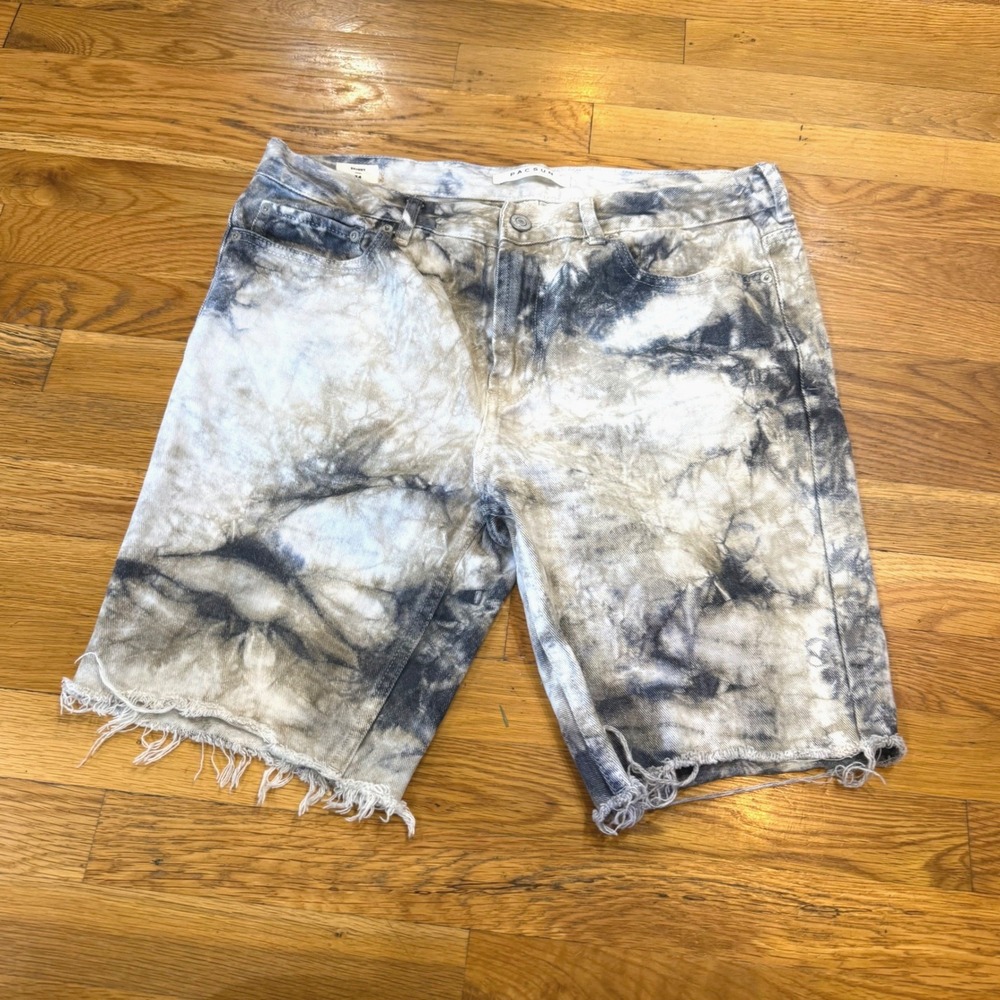 PacSun Mens Skinny Tie Dye Denim Shorts Black Tan White Raw Hem‎ 34